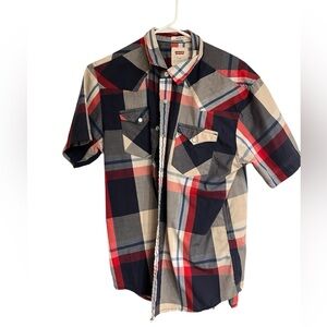 Levi’s men’s short sleeve plaid shirt, red white and blue, western medium